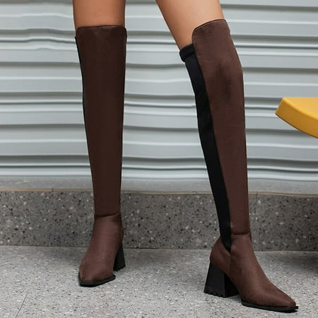 

eczipvz Womens Shoes Women Knee High Boots Autumn and Winter Fashion Color Blocking Comfortable Square Toe Thick Heel Thigh High Clear Boots (Brown 9)