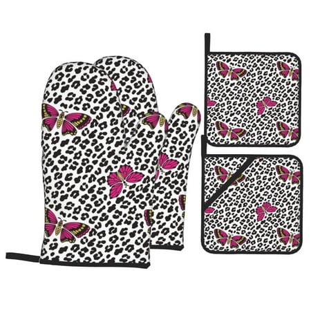 

Oven Mitts and Pot Holders 4 pcs Set pink butterfly Leopard print Heat Resistant Pot Holders Oven Mitts for kitchen Non-Slip Hanging Loop Oven Glove Potholders for Baking Cooking
