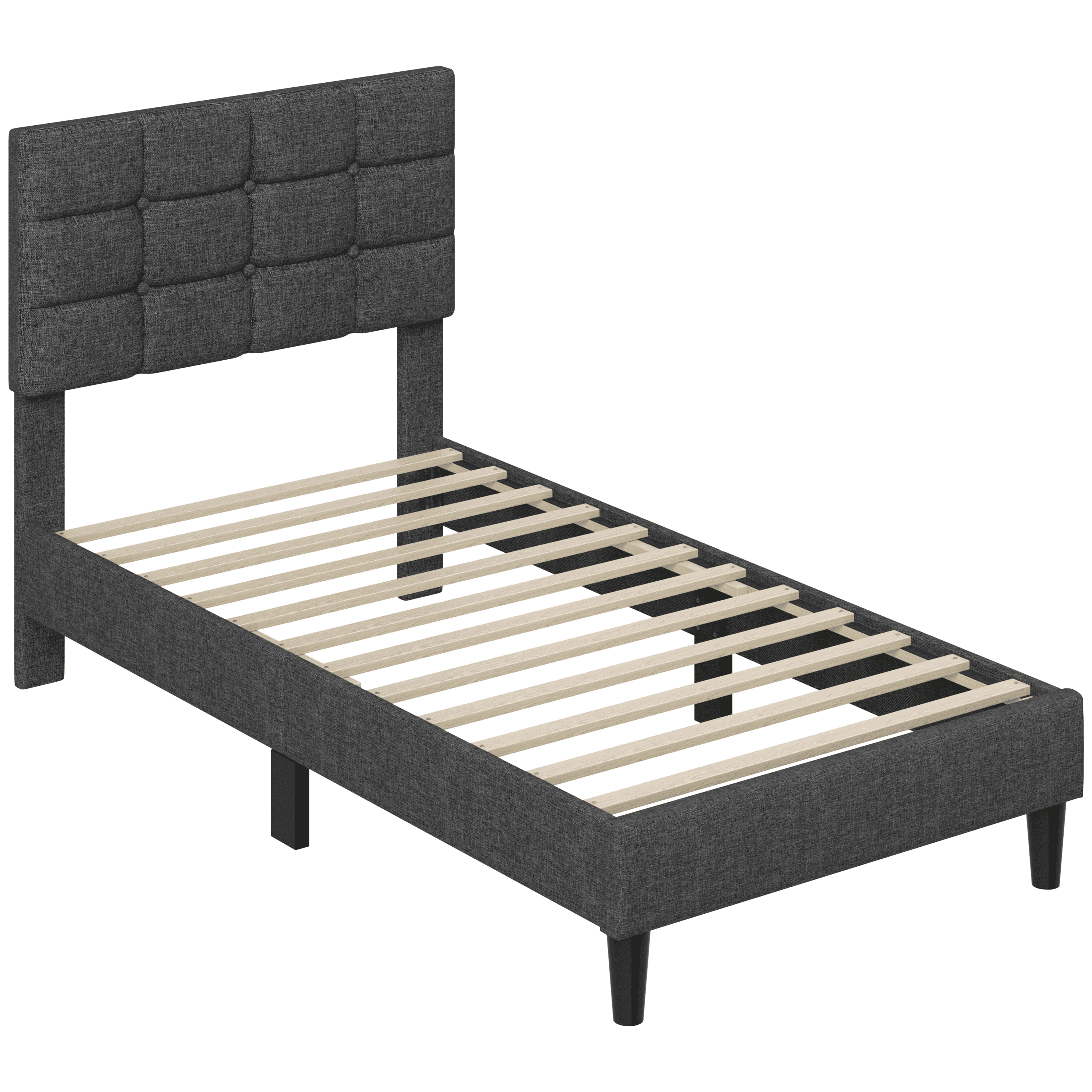 Renwick Twin Upholstered Bed Frame with Square Tufted Headboard, Dark Gray