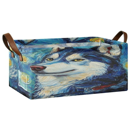Wobogo Oil Painting Styles Husky Storage Basket Soccer Plaid Fabric Oversized Collapsible Hoard Box with Metal Iron Frame 16.9×11.4×7.7in