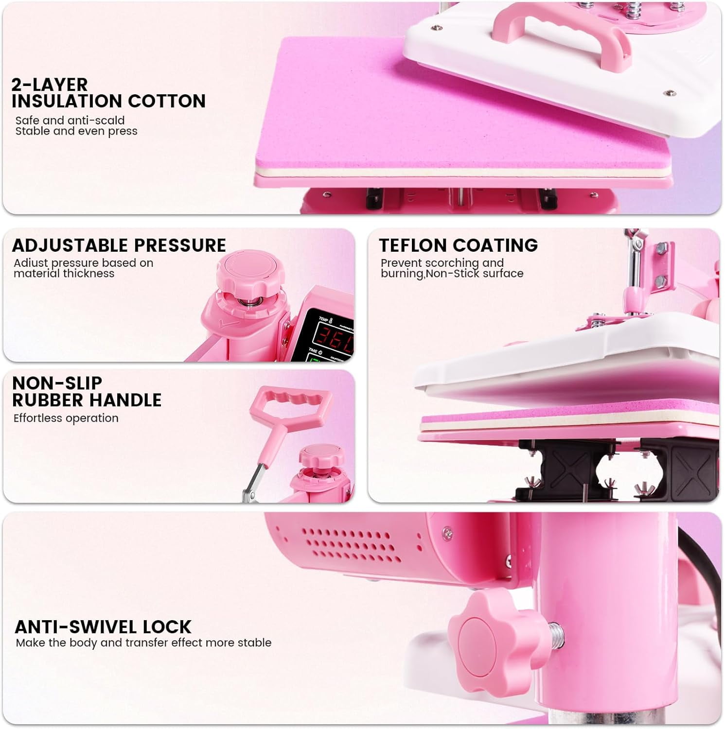 Adnoom Heat Press 15x15, 5 in 1 Multifunctional Shirt Press Machine Combo, 360° Swing Away Heat Transfer Sublimation with LED Display for T-shirts Mugs Hat Plate Cap Pink
