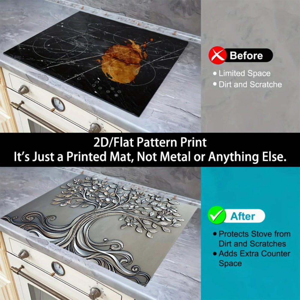 1 2D/flat stove cover protection pad, embossed with floral root tree pattern design, 28.3x20.5 inches (72×52cm), easy to clean, perfectly suitable for any kitchen, washing machine, dryer, stove panel