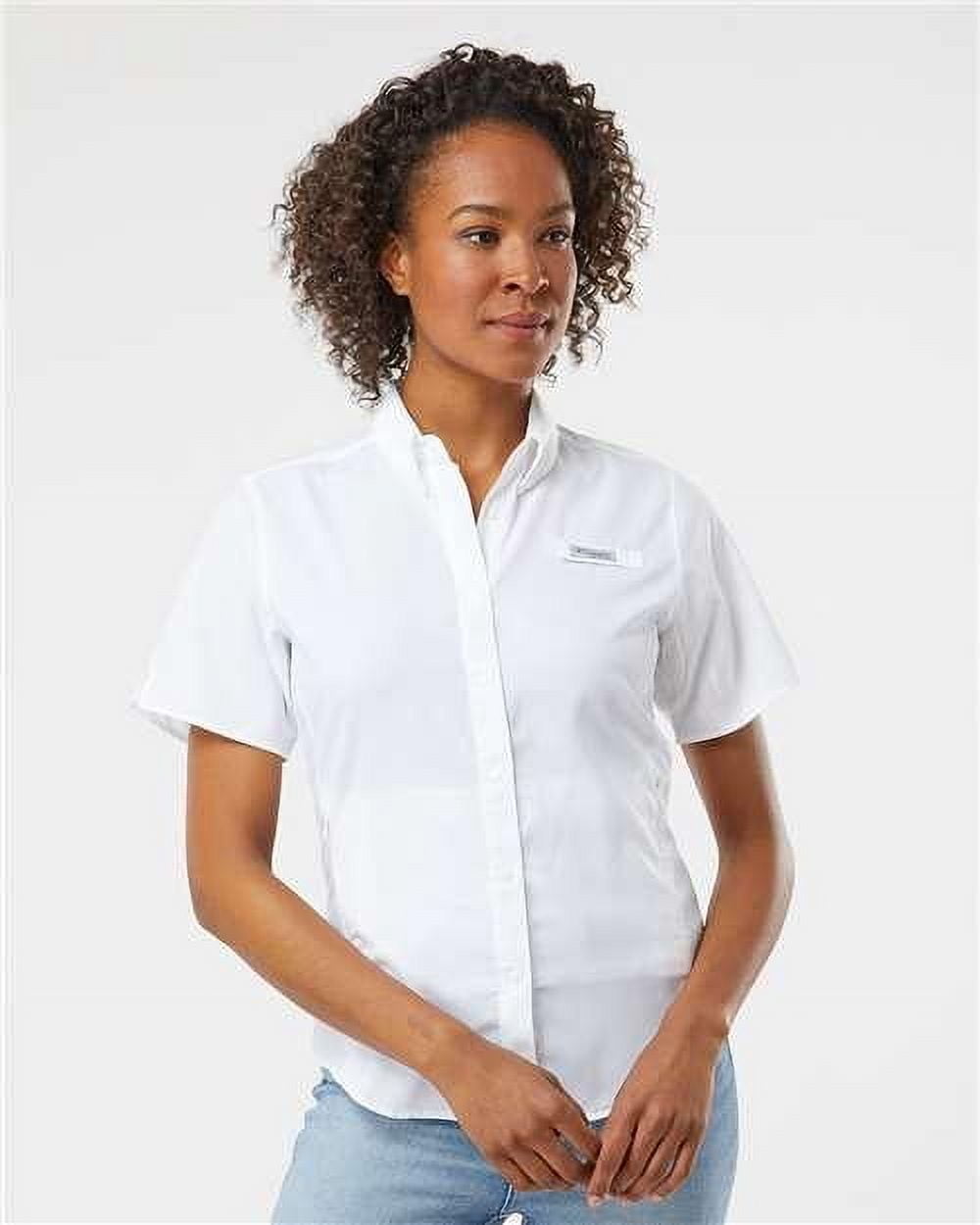 Columbia Women's PFG Tamiami Short Sleeve Shirt in White Cap Blue