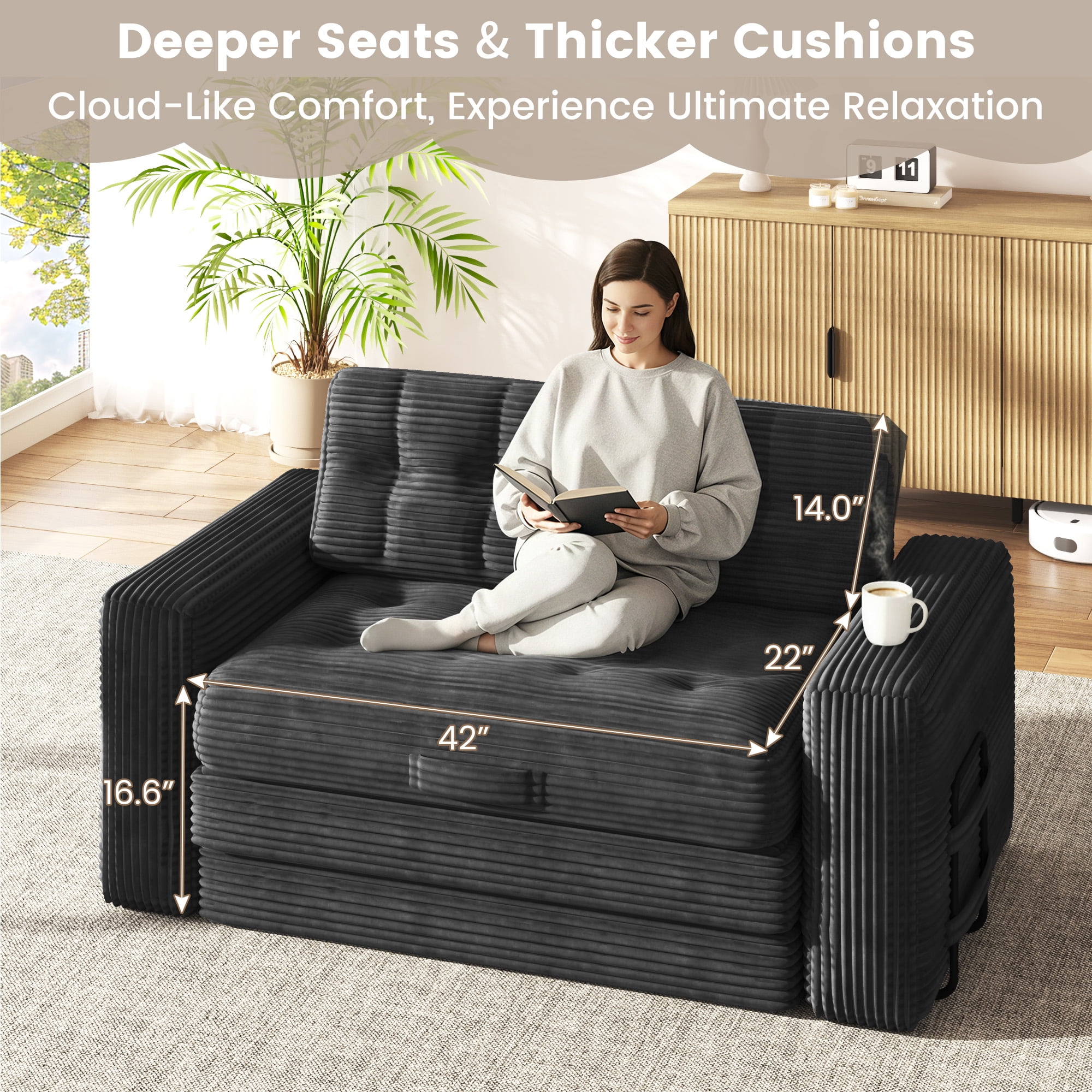 Erinnyees 2-in-1 Sleeper Sofa, No Assembly Corduroy Loveseat, Converts to Bed with Deep Seat & 2 Included Pillows