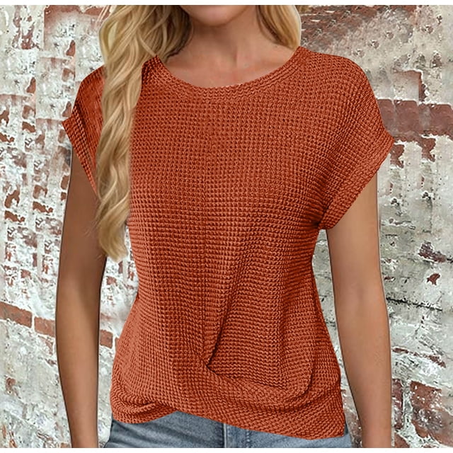 Nouvellement Lancé, Chandail Décontracté Uni à Col Rond et Manches Courtes pour Femme, Coupe Régulière, Parfait pour un Confort Douillet à Coupe Ample/100 % Polyester, Orange, Sopatenor