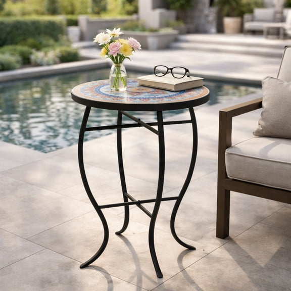 Outdoor Round Side Table with Mosaic-Style Ceramic Tile Top and Curved Iron Legs for Patio, Red and Matte Black, 21.4 x 13.75 x 13.75 Inches