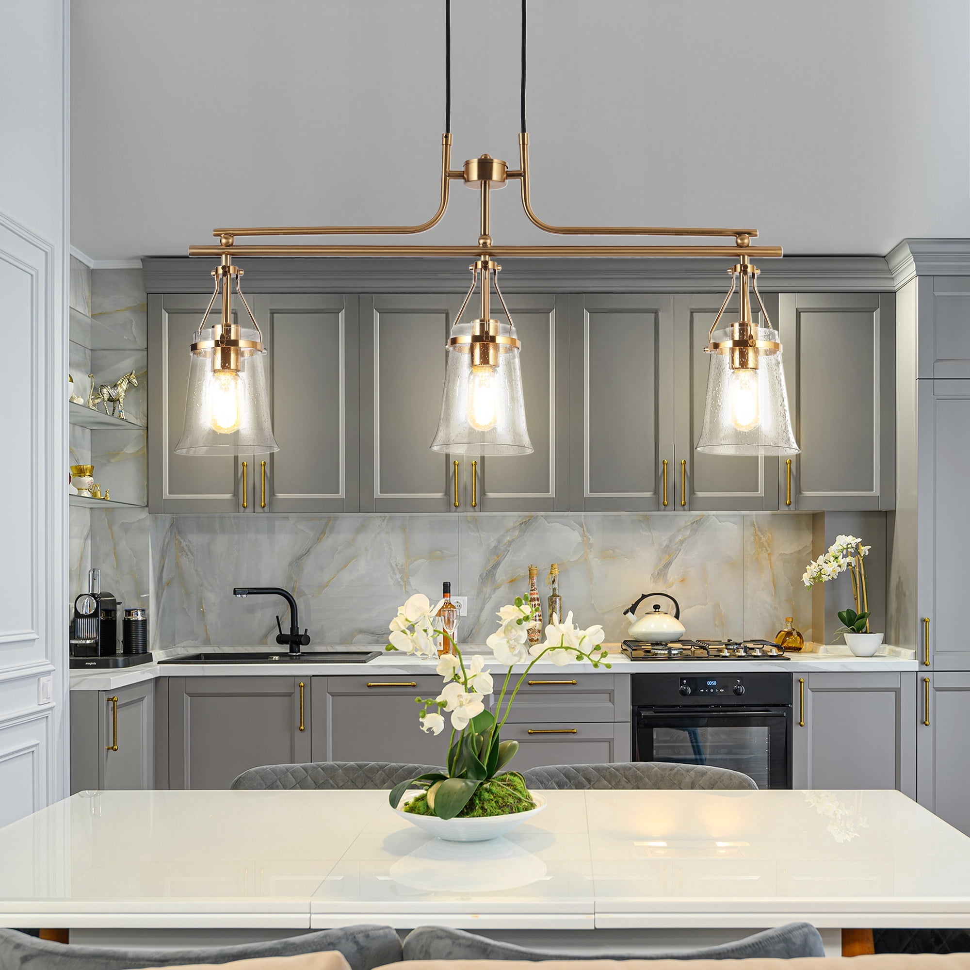 LNC Auisre 3-Light Island Light, Matte Black & Polished Gold Modern Seeded Glass