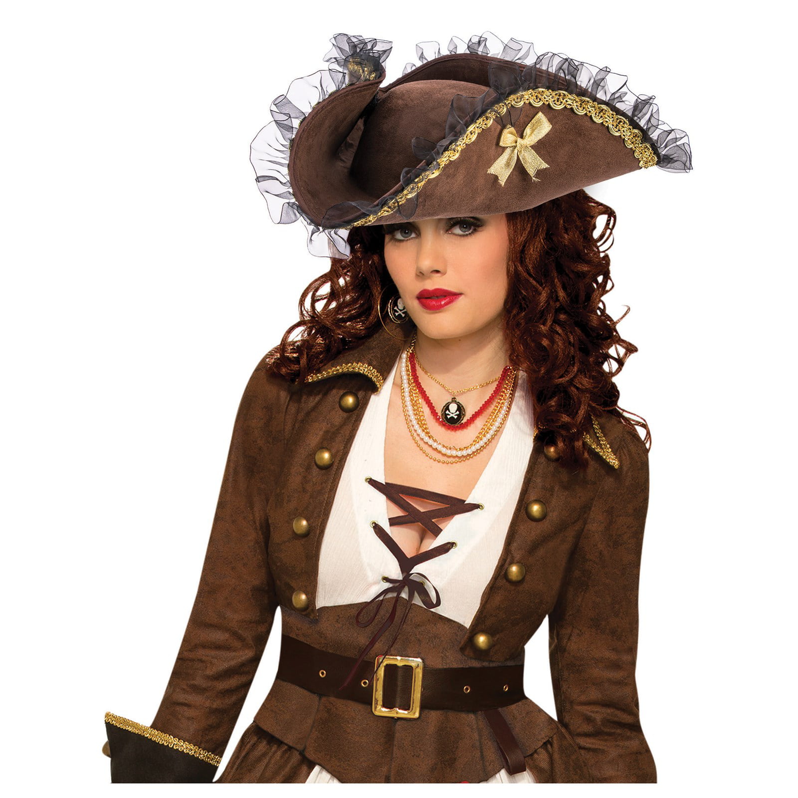 FANCY DRESS ADULT BROWN SUEDE PIRATE HAT WITH HAIR 