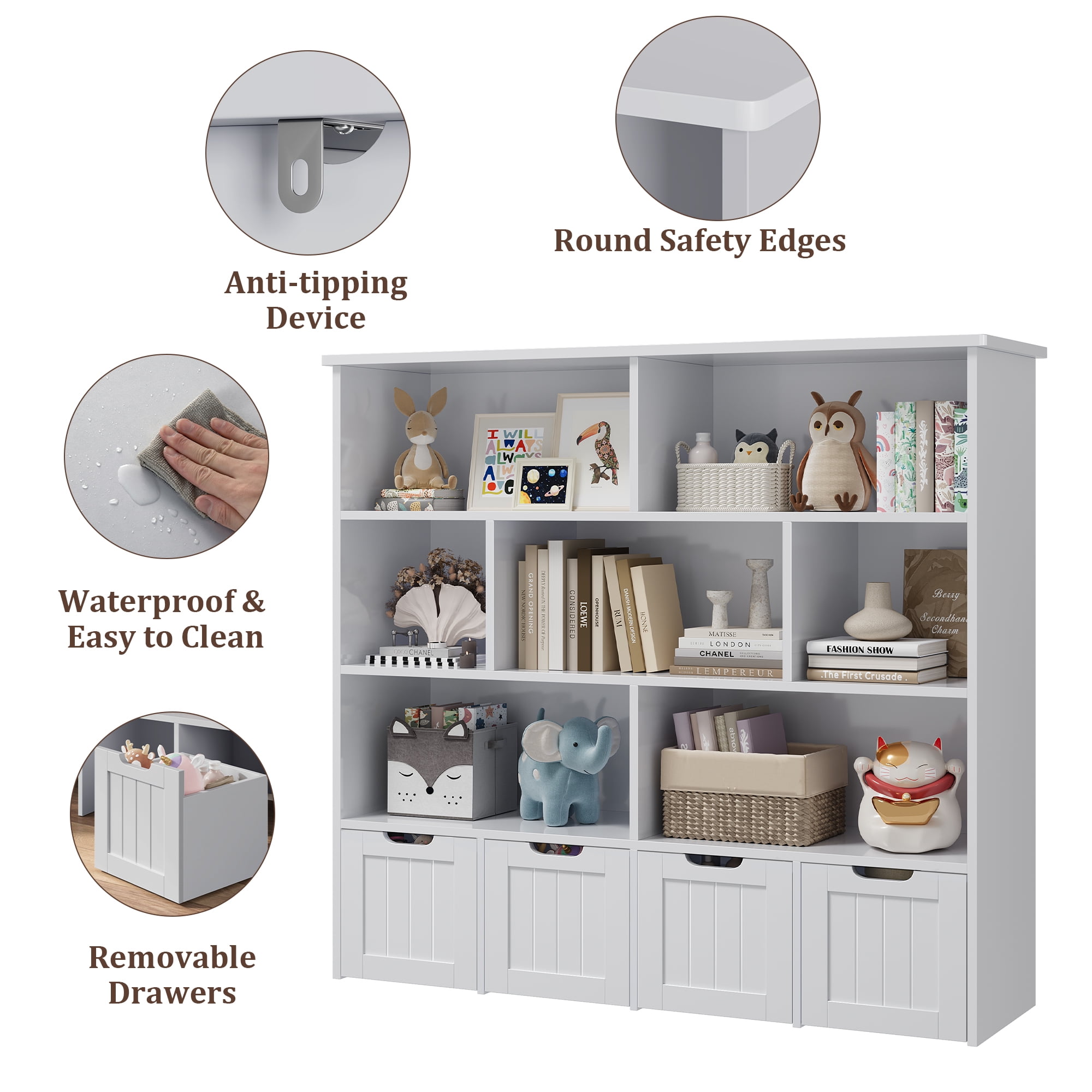 Homfa 7 Cube Toy Storage Organizer, Kids Geometric Bookcase and Bookshelf with 4 Drawers, Grey