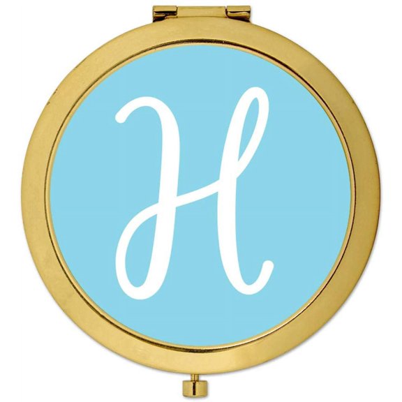 Koyal Wholesale Gold Compact Mirror Bridesmaid's Wedding Gift, Baby Blue, Monogram Letter H, 1-Pack