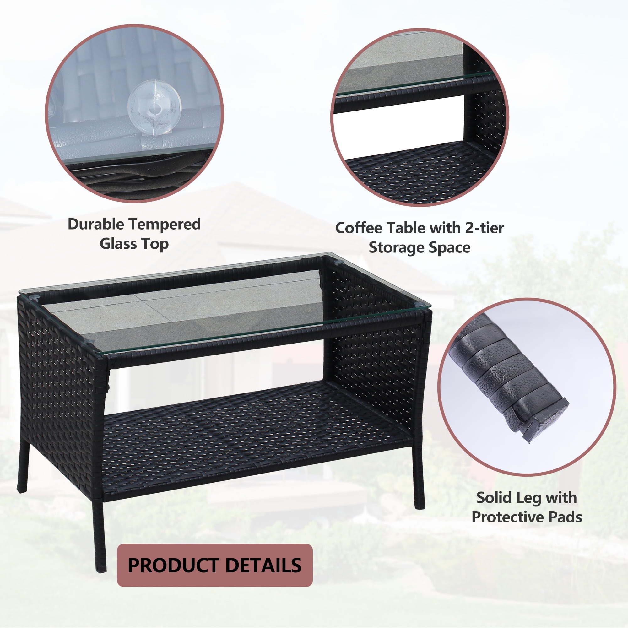 4 Pieces Outdoor Wicker Conversation Set, All-Weather Rattan Patio Furniture Sets with Arm Chairs, Tempered Glass Tabletop and Cushions, Sectional Sofa Set for Backyard, Garden, Poolside