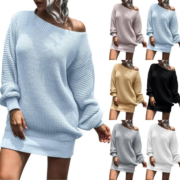 Meichang Women's Off Shoulder Sweater Dress Fall Winter Casual Lantern Long Sleeve Short Knit Dress Wedding Guest Pullover Mini Dresses