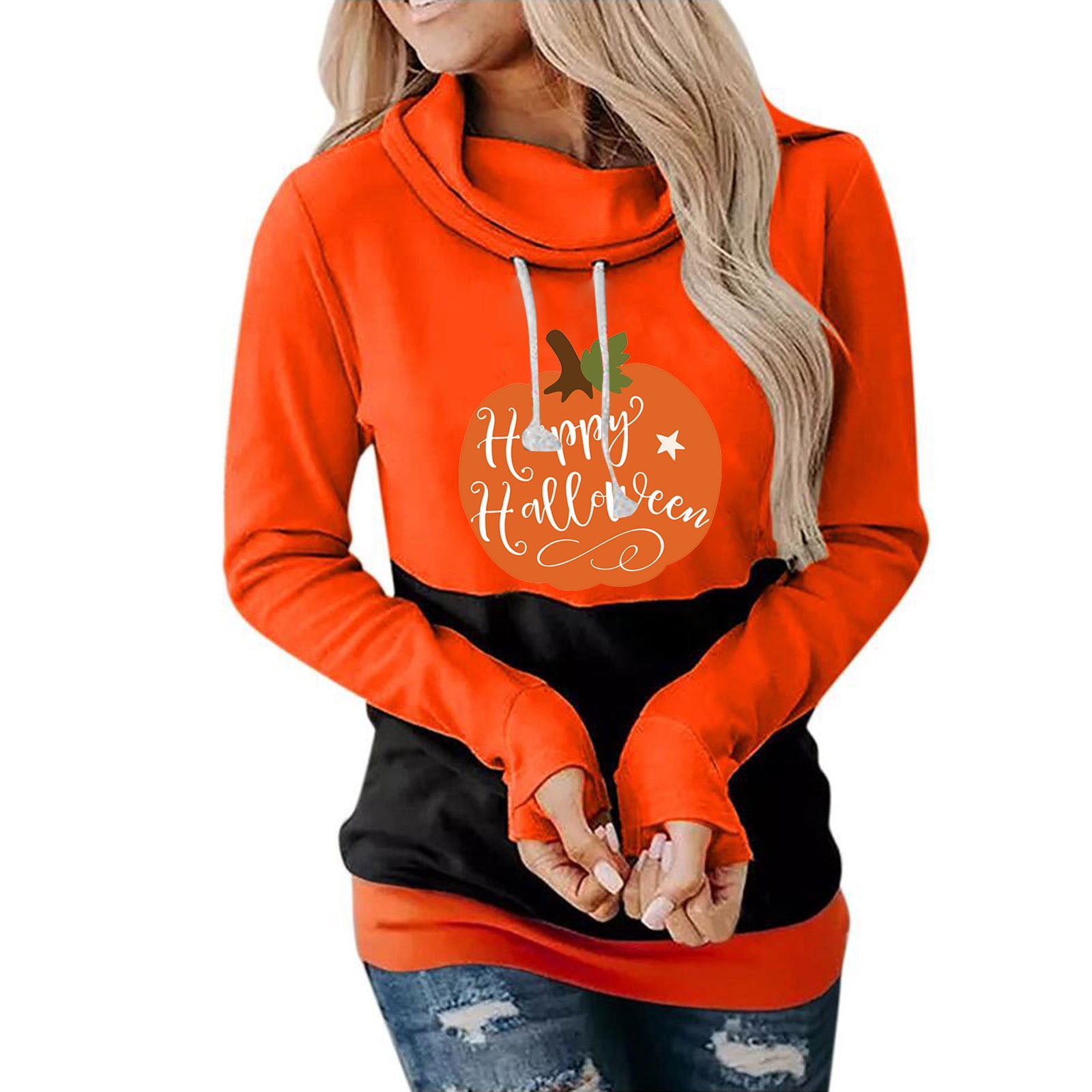 Fesfesfes Women Hooded Casual Halloween Printed Long Sleeve Blouse Pile  Collar Pullover Tops Sweatershirt Plus Size Clearance $10 