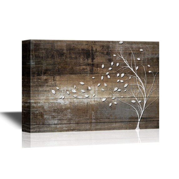 wall26 Abstract Tree Canvas Wall Art - Leaves Blown Away by Wind from White Tree on Vintage Wood Style Background - Gallery Wrap Modern Home Decor | Ready to Hang - 12x18 inches