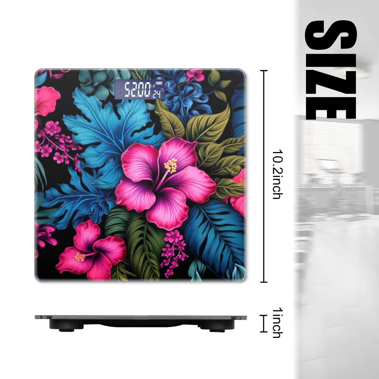 High Precision Body Weight Scale Smart Bathroom Scales with Large LCD Display(400lbs),Decorative for Bedroom-Colorful Tropical Flowers And Leaves On Black Background