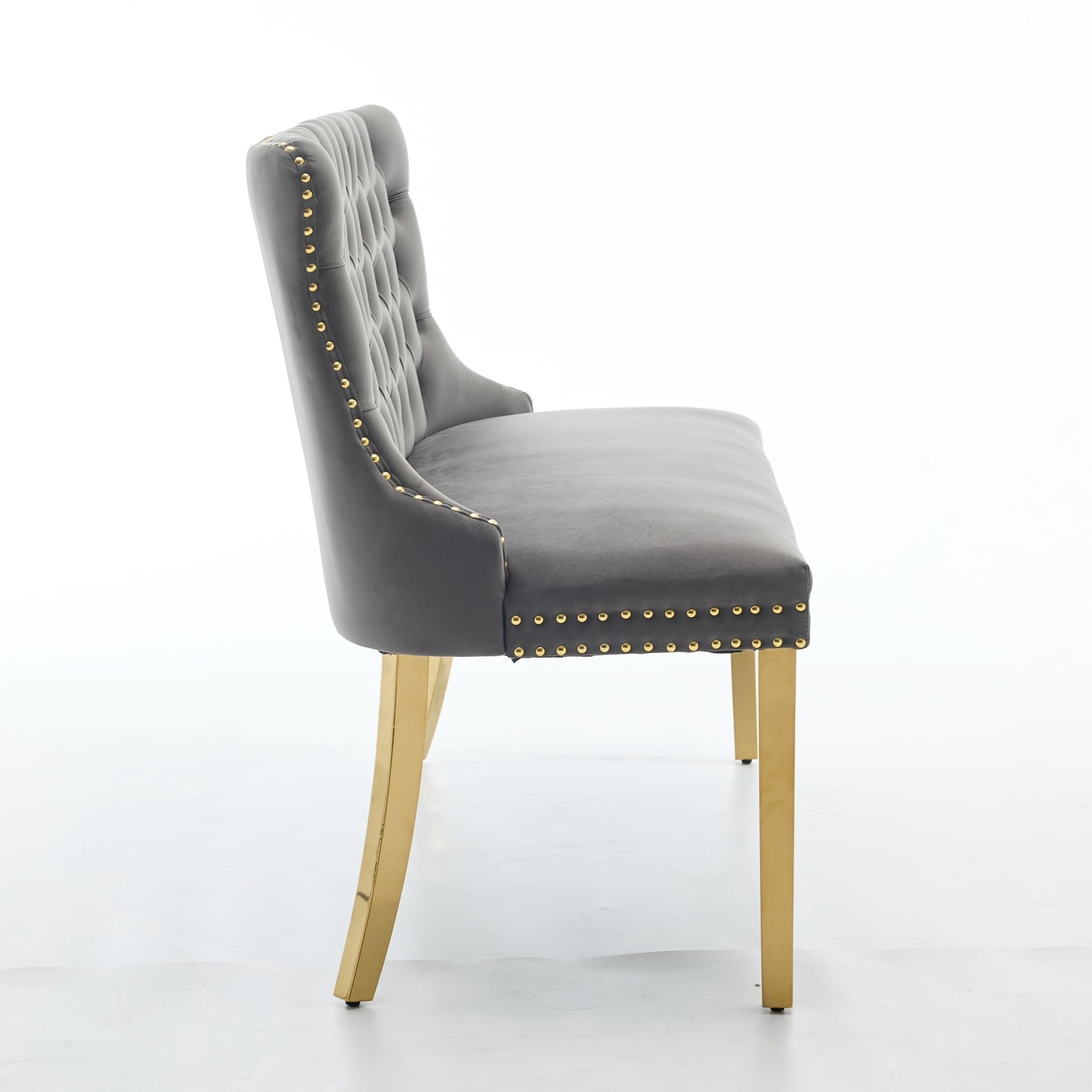 Gray Velvet Double Dining Loveseat Bench, 2-Seat Tufted Kitchen & Dining Chair with Gold-Plated Steel Legs, Wing Back, Mid Century Modern Style, Handmade Button Accent