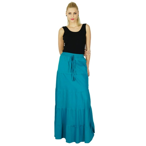 Bimba Womens Long Flaired Cotton Skirt Blue Boho Style Maxi Elastic Waist Bottoms