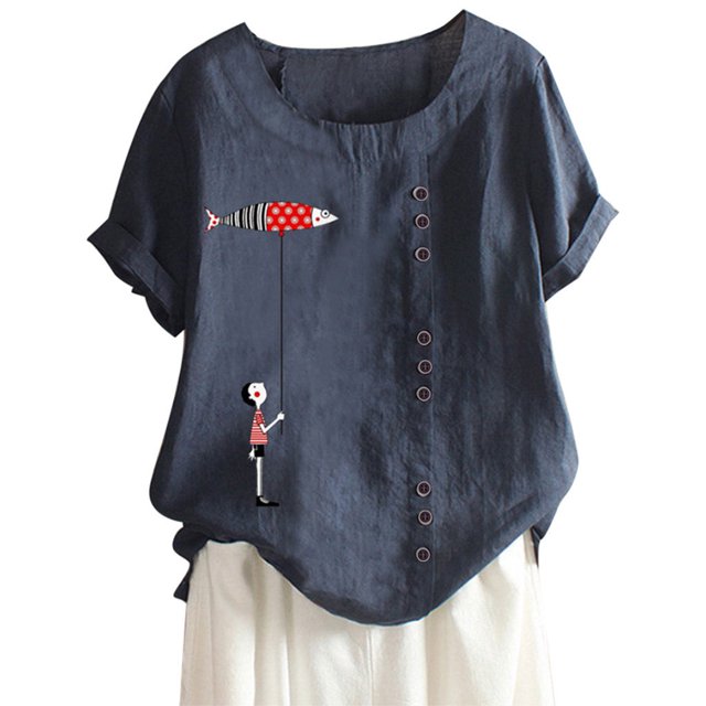 Pompotops Blouse Décontractée à Manches Courtes en Coton et Lin Col Rond Imprimé T-Shirt