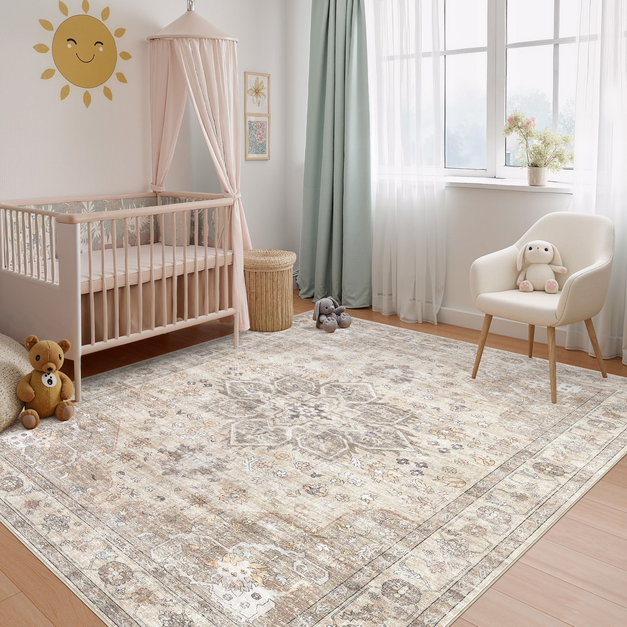 Uermei 6'x9' Vintage Traditional Area Rug: Washable Non-Slip Farmhouse Distressed Indoor Carpet for Living Room Bedroom Dining Room - Camel