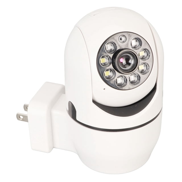 cámara de seguridad inalámbrica hd de 100 v con gran angular de 360°, visión nocturna, cámara wifi inteligente para el hogar Bling Bling blanca; vista 3/4 frontal de carcasa ABS enchufable a pared, lente central rodeada por ocho LEDs para visión nocturna, base giratoria para paneo 360° e instalación sin perforaciones; especificada 1920x1080p y voz bidireccional con reducción de ruido, control de LEDs desde la app; también usada frecuentemente para supervisar mascotas o vigilancia temporal en viajes.