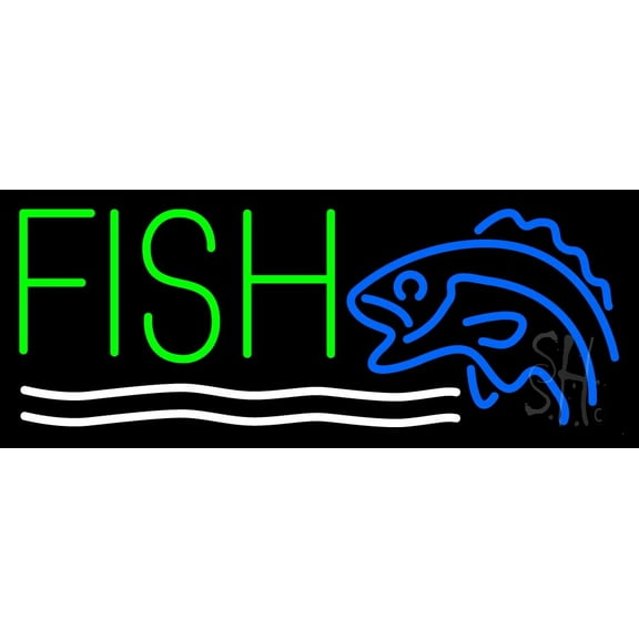 Fish With Logo LED Neon Sign 13 x 32 - inches, Black Square Cut Acrylic Backing, with Dimmer - Bright and Premium built indoor LED Neon Sign for restaurant window and interior decor.