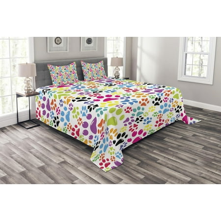 Dog Bedspread Dog Bedspread Set, Colorful Little Paws Cute Steps Childish Artwork Cartoon Unusual Traces Design, Decorative Quilted Coverlet Set with Pillow Shams Included, Purple Blue Green, by Ambesonne ()