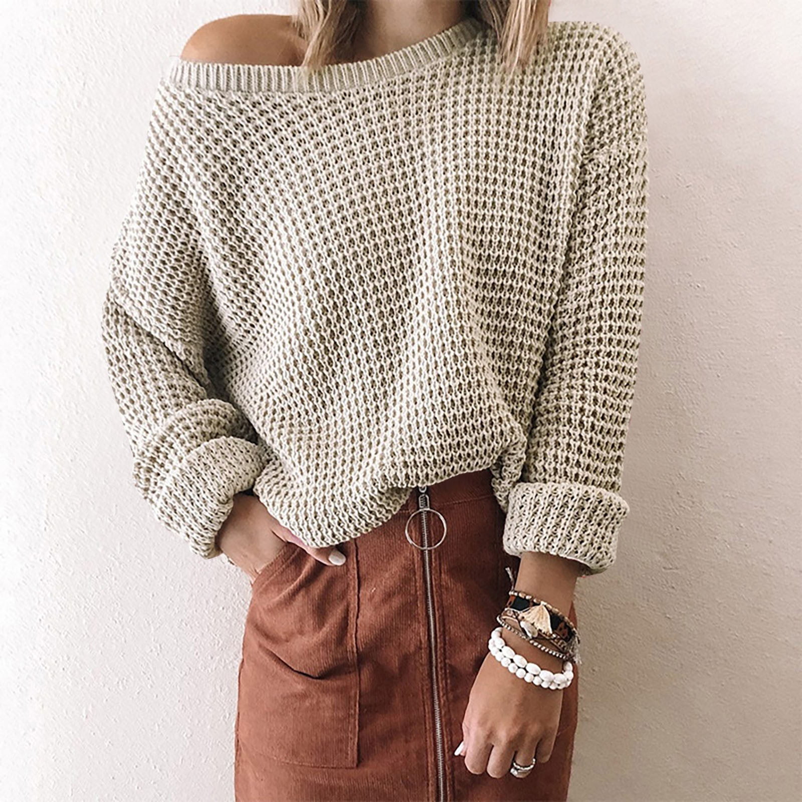 XFLWAM Women's Waffle Knit Sweater Crew Neck Long Sleeve