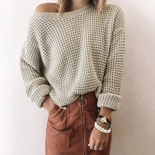 VgaVtl Womens Sweaters Plus Size Long Sleeve Chunky Fall Sweaters for Women Loose Off Shoulder Comfy Solid Beige Sweaters