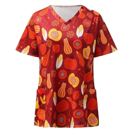 

Thanksgiving Women Scrubs Top Working Uniform Nurses Clothing Short Sleeve V-Neck Turkey Printed Top Nursed Working T-Shirts Dailywear Tee With Pockets