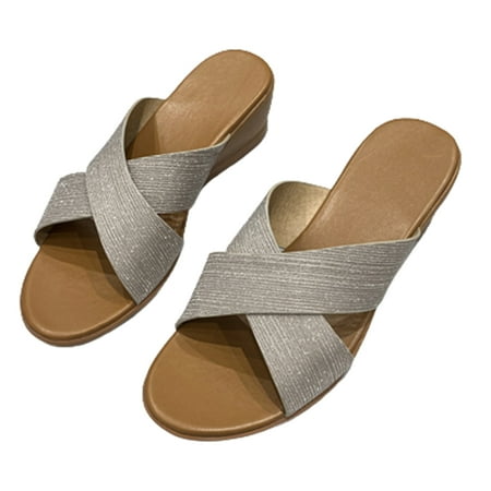 

Women Slope Platform Slippers Glitter Cloth Upper Casual Sandals Slide Shoes 39 Champagne Gold