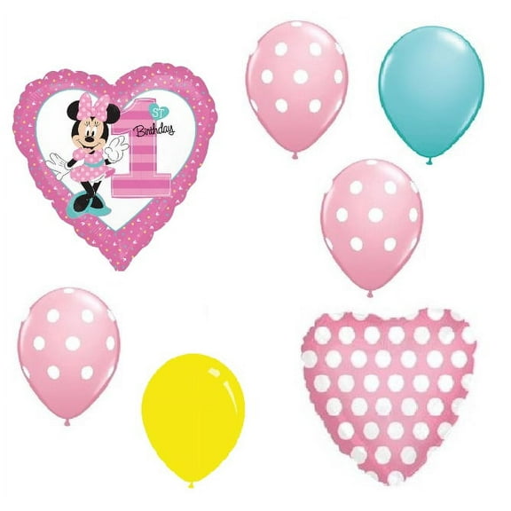 Girl's 1st First #1 Minnie Mouse 7 Pc Happy Birthday Party Bouquet Balloons Set