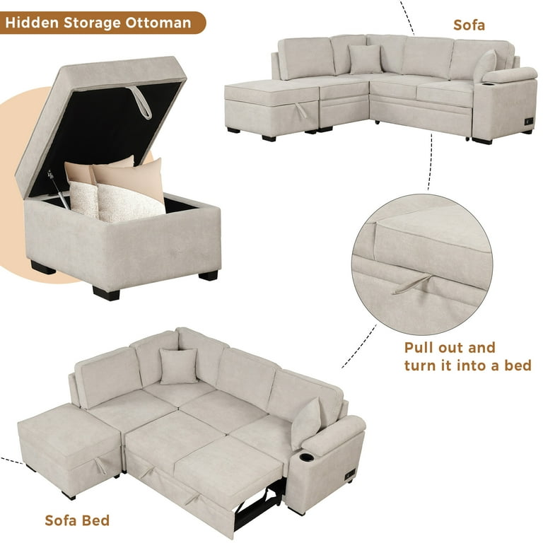 Churanty Sleeper Sectional Sofa Pull Out Bed Upholstery Reversible Couch with Hidden Arm Storage Ottoman Beige
