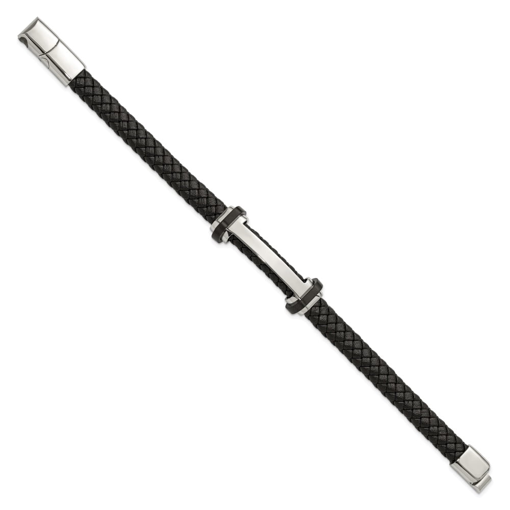 Diamond2Deal Stainless Steel Polished Braided Black Leather 8 inch Plus a .5 In Ext Bracelet for Men 8.5"