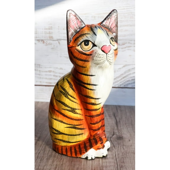 Balinese Wood Handicrafts Adorable Orange Tabby Feline Cat Purr Pet Figurine 8"H