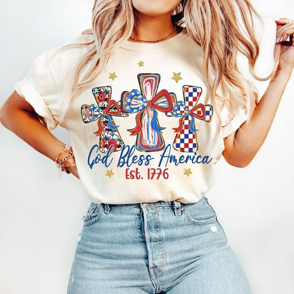 God Bless America T-Shirt, Preppy Coquette USA Cross Tee, Christian Red White Blue Shirt, 4th of July Faith-Based T-Shirt