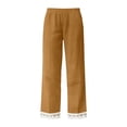 thumbnail image 5 of PiGOGI Women's Solid Ruffle Elastic High Waist Cotton Linen Long Pants, Casual Loose Trousers with Pockets, Daily/Beach/Vacation Wide Leg Yellow XL, 5 of 5