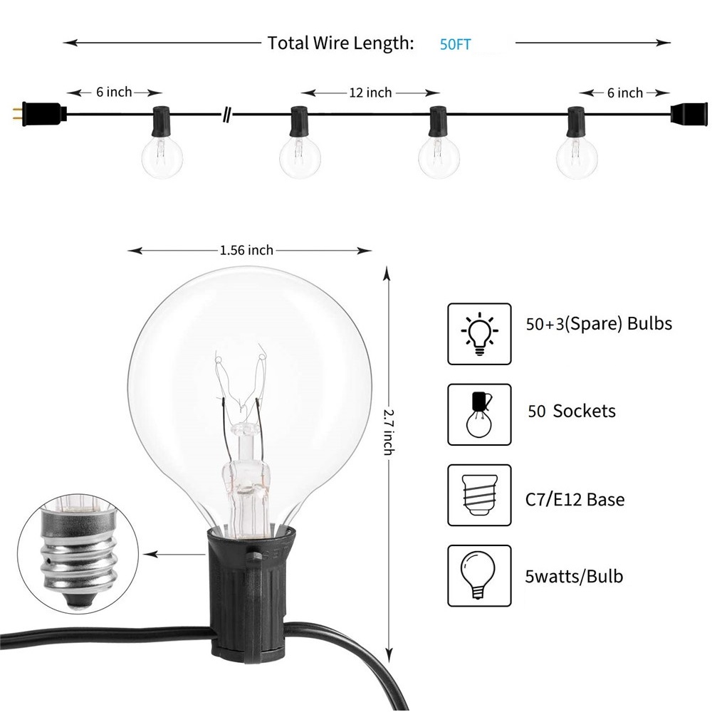 String Lights LINKPAL 50Ft 50 Bulbs G40 Globe String Lights with Bulbs-UL Listed for Indoor/Outdoor Commercial Decor