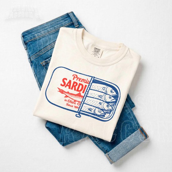 Sardine Shirt Vintage Canned Fish Graphic Tee Tinned Fish Lover Gift Retro Seafood T-Shirt Funny Foodie Tee for Men Women, Unisex Cotton T-Shirt, Sizes S-3XL