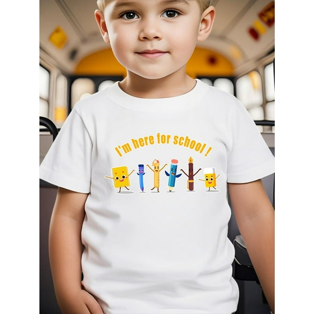 Boys' School Days T-Shirt - Funny Back to School Graphic Tee with "I'm Here for School!", Pencil, Everyday Classroom Outfit for Kids - Machine Washable, School Clothes, Comfortable Fit