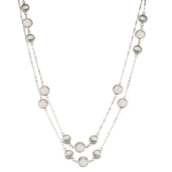 5th & Main Sterling Silver Bead and Bezel three stations Necklace with Rose Quartz Round Gemstones