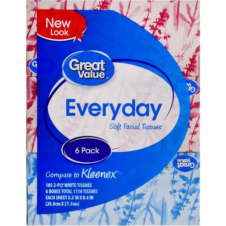Great Value Everyday Soft Facial Tissues, 2 Ply, 185 Count, 6 Pack