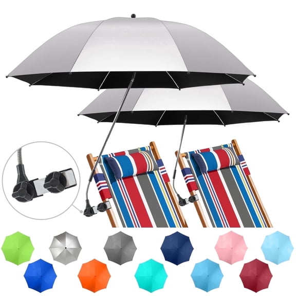 2 PACK Beach Umbrella with Clamp, 360 ° Adjustable Umbrellas for Chair, UPF50  Umbrella for Beach Chair, Patio Chair, Wheelchair, Camping Chair, Golf Carts (Metallic Silvery, Not Include Chair)