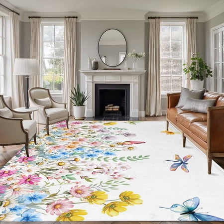 8x10 Area Rugs for Living Room Wildflowers Non Slip Area Rugs for Kitchen Bedroom Entryway Farmhouse Country Dragonfly Butterfly Floral Washable Carpet Runner Rug Floor Mats for Bedroom Home Decor