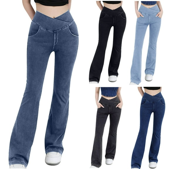 Aboser Womens Flare Denim Pants Stretchy Crossover Jean Leggings High Waisted Bootcut Pants Soft Tummy Control Workout Tights Athletic Wide Leg Legging Dark Gray