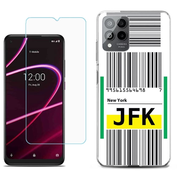 Slim-Fit Gel TPU Phone Case for T-Mobile Revvl 6 Pro 5G, with Tempered Glass Screen Protector, by OneToughShield ® - Airport Tag / New York