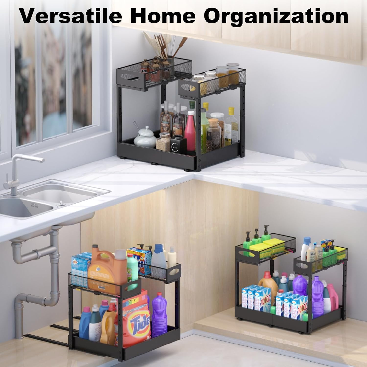 Under Sink Organizer, 14"-21" Width Expandable, 13"-17" Height Adjustable, 2 Tier Metal Pull Out Under Sink Storage Rack with 3 Sliding Rails for Kitchen Bathroom Cabinet, Double Side