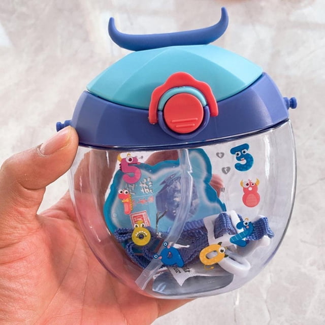 Children‘s Donut Plastic Kettle Rope Pupils Cup Cute Kindergarten Drinking Straw Cup Blue