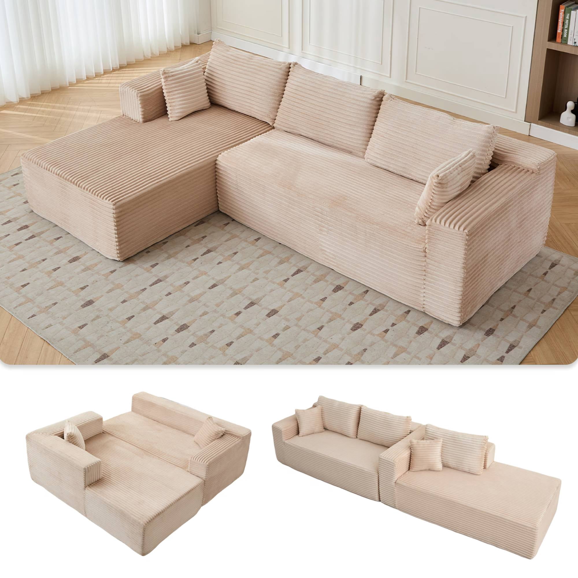 110" Cloud Sectional Couch with Chaise,Modern L-Shape Modular Sofa Corduroy Sleeper Couches for Living Room, Beige