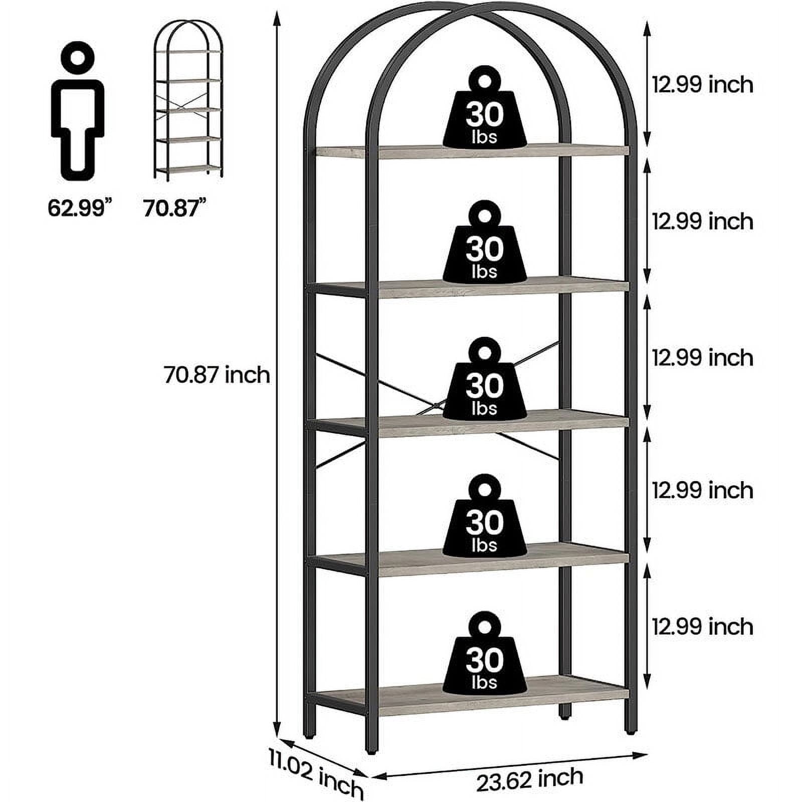 Yesfashion Bookshelf 5 Tier Bookcase Arched Display Racks Tall Standing Bookshelves Mental Frame Farmhouse Storage Rack Shelf Grey Book Shelf for Bedroom, Living Room, Home Office,Grey