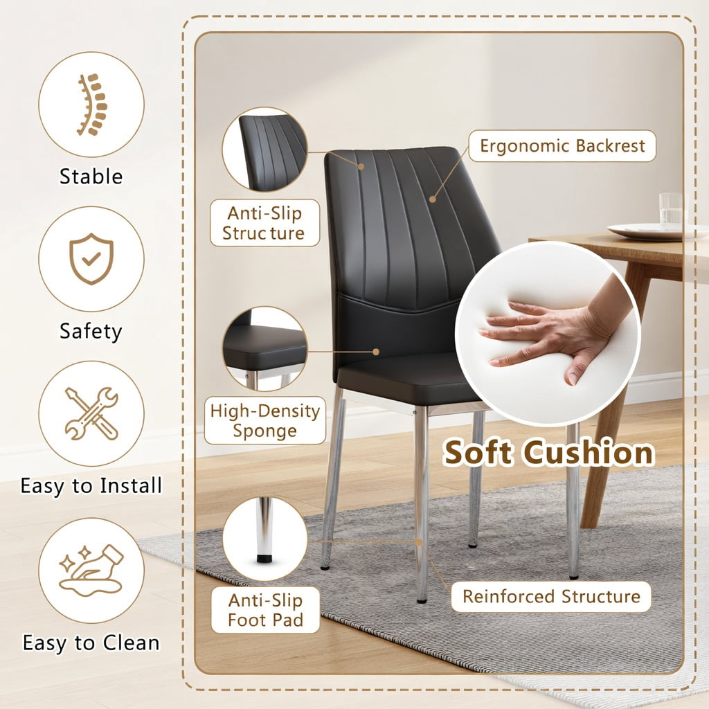 Hommoo Set of 4 Modern Dining Chairs, 37-inch Ergonomic PU Leather Chairs with Sturdy Metal Frame, Adjustable Non-Slip Feet, Easy Assembly, Black & Sliver